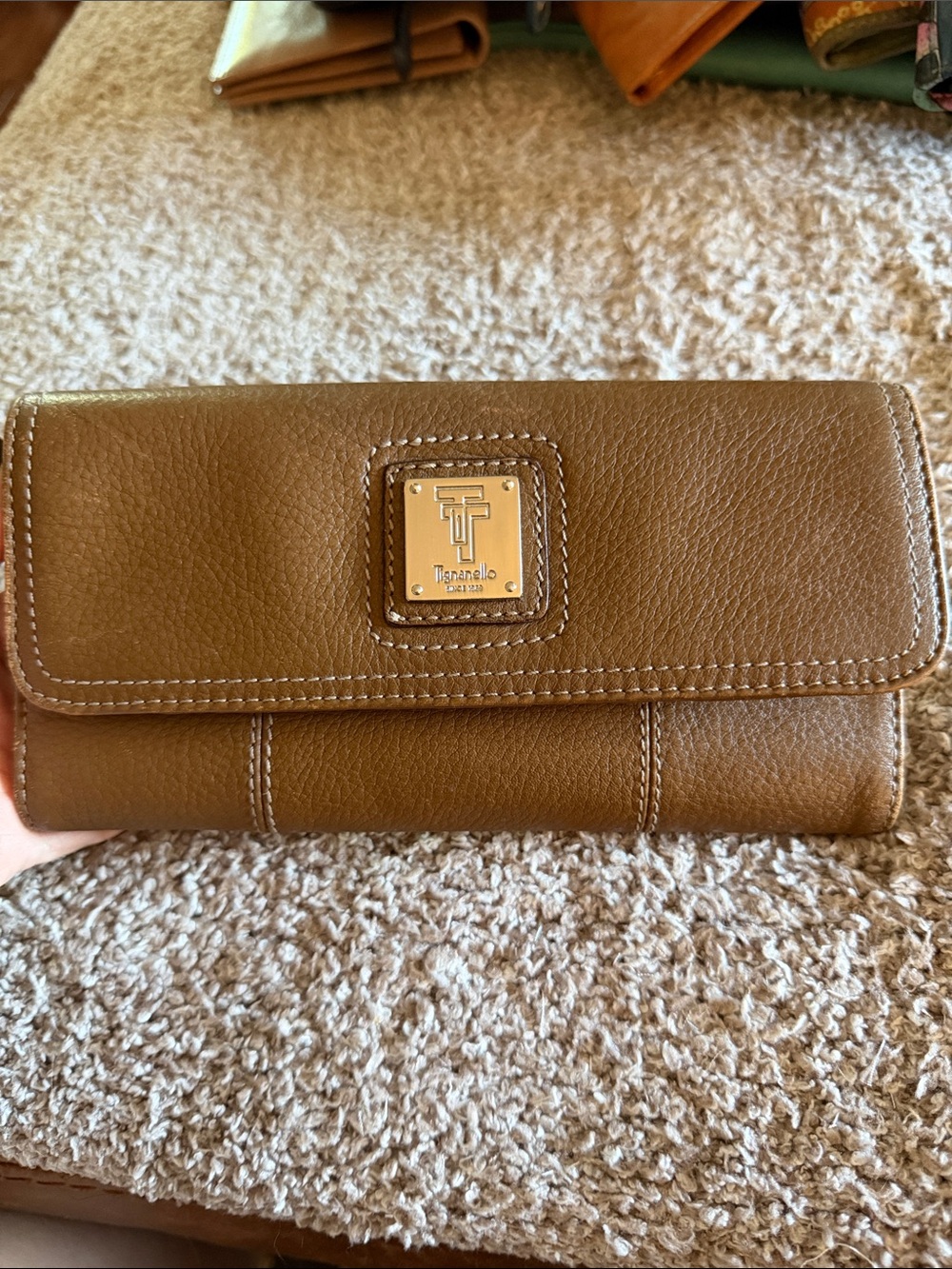 Tignanello Brown Pebbled Leather Flap Wallet Paisley Interior Contrast Stitch